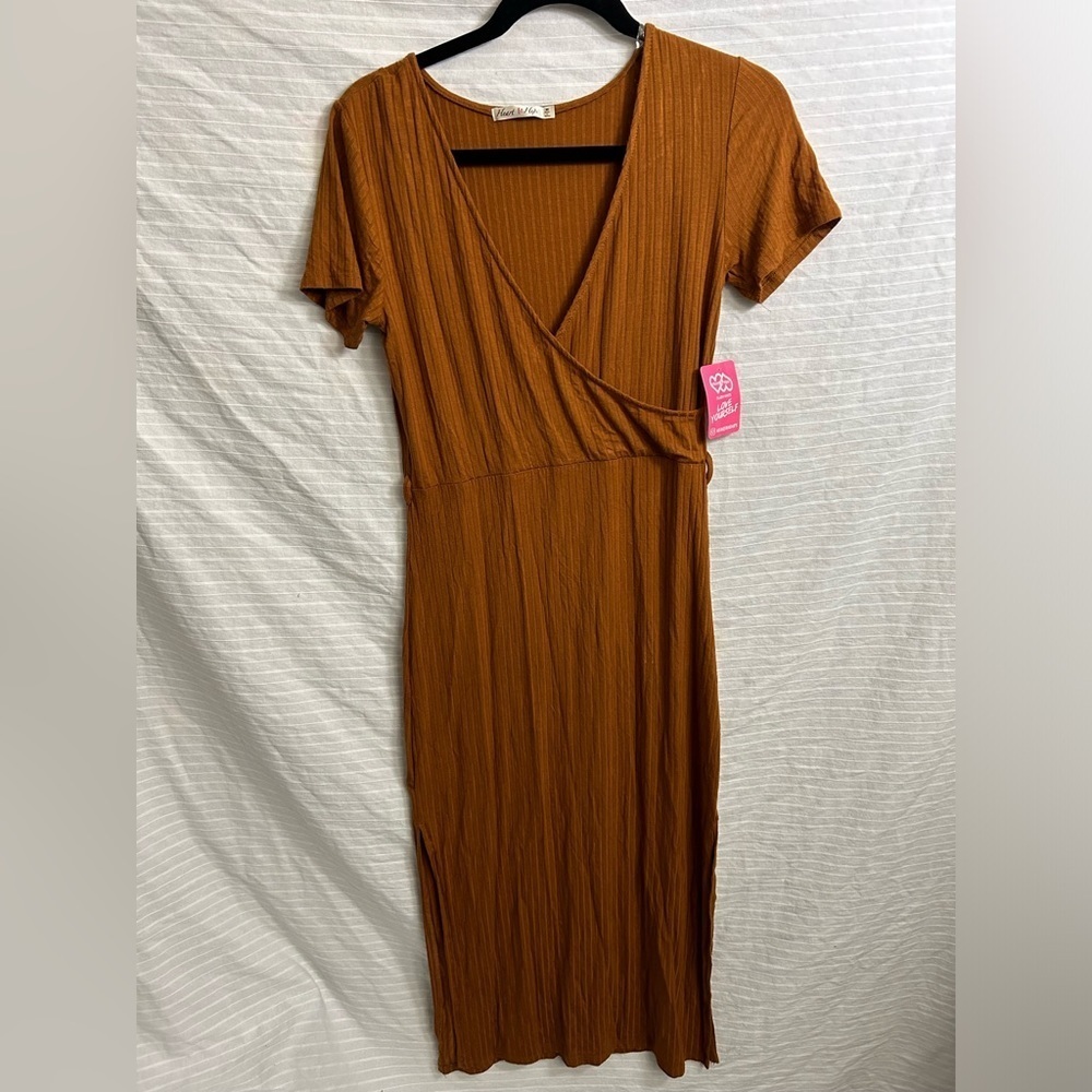 Heart and Hips Womens Faux Wrap Ribbed Brown Midi Dress Size M BA